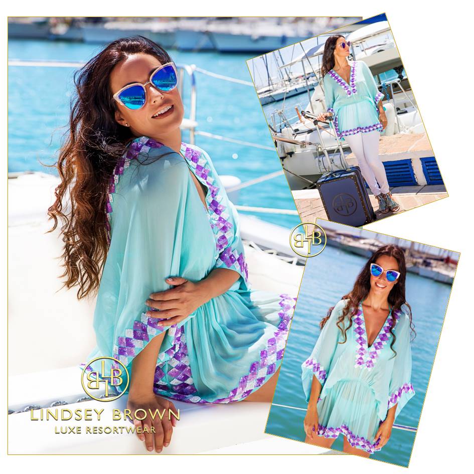 Aqua silk designer resort wear kaftans worn by Anna Mavridis