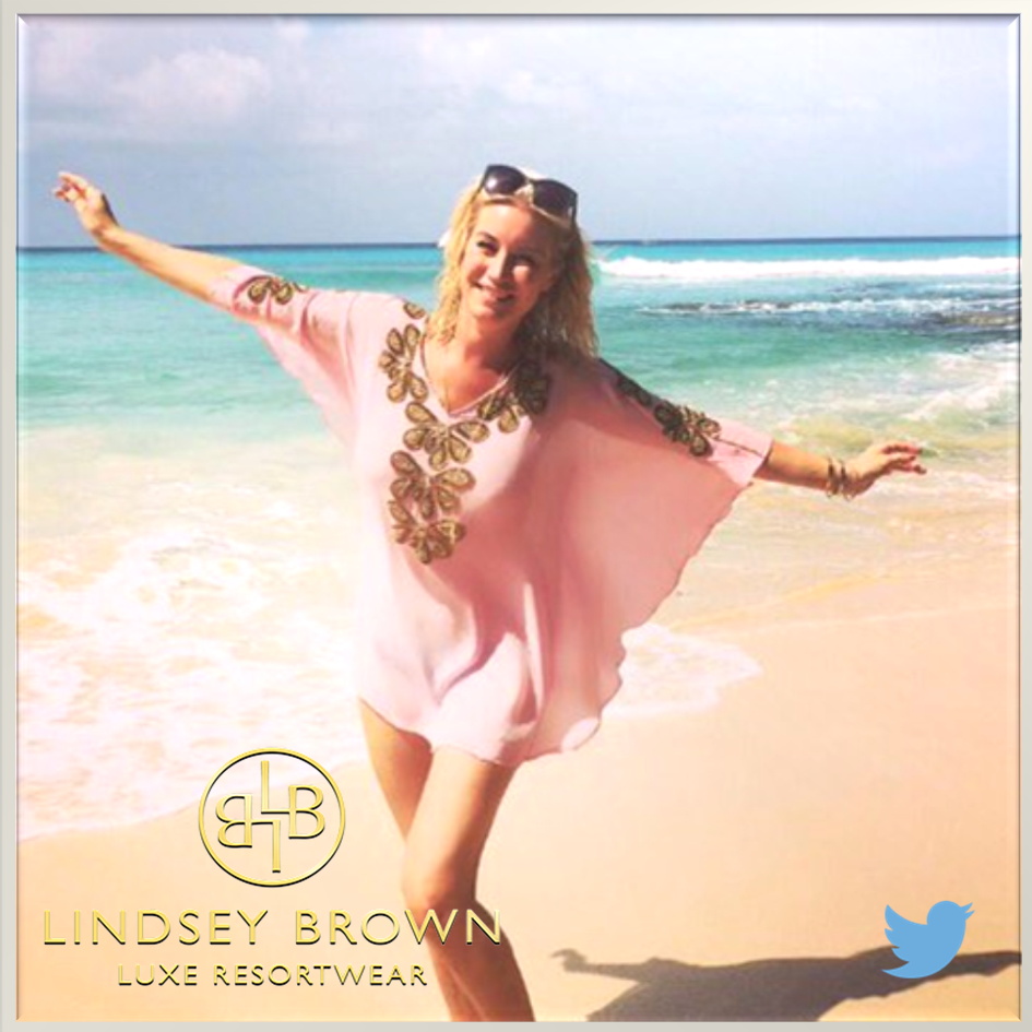 Denise Van Outen wearing Pink Rumba resort wear top by Lindsey Brown in Barbados