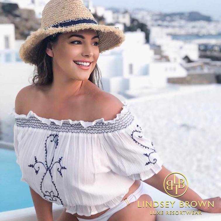 KellyBrook wears San Marino White off the shoulder Top in Mykonos