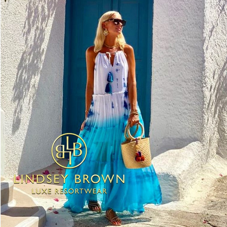 turquoise silk maxi dresses worn on stage of ITV Mamma Mia I Have a Dream by Lindsey Brown resort wear