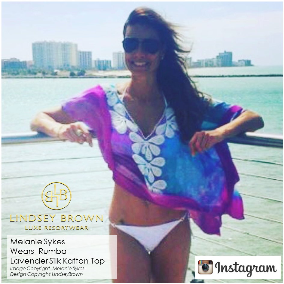 Melanie Sykes wearing Purple Lavender silk top by Lindsey Brown