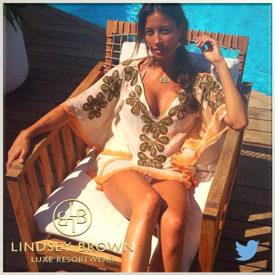 Melanie Sykes wearing Lindsey Brown designer silk Kaftan Rumba