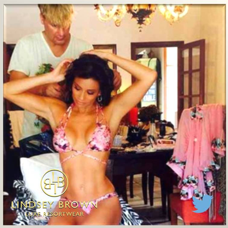 Melanie Sykes wears Lindsey Brown silk Manhattan top for photoshoot