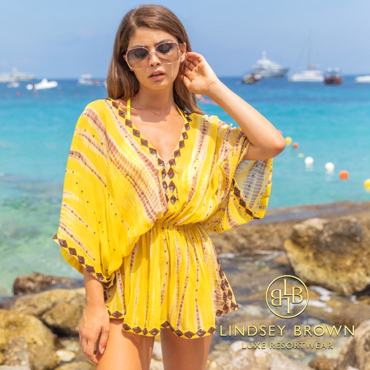 New yellow silk luxury kaftans by Lindsey Brown resort wear