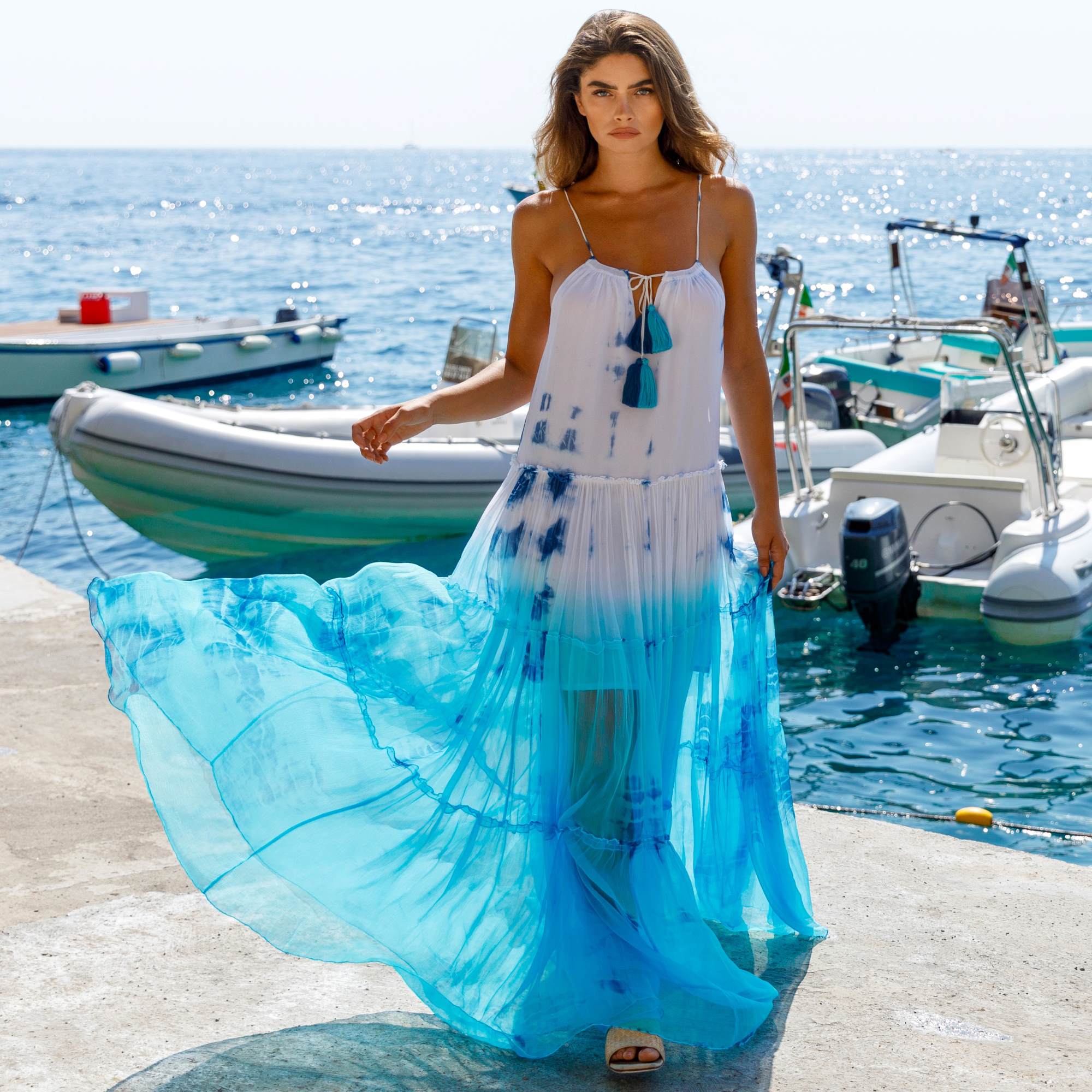Santorini Silk Maxi Dresses floaty silk maxi dresses to wear on holiday in Santorini and beyond, the iconic hand tie dye silk georgette dresses by Lindsey Brown