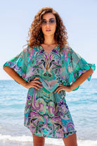 Plus Size Aqua Beach Cover up is a stunning new printed silk beach dress by luxury resort wear Lindsey Brown, such a flattering style