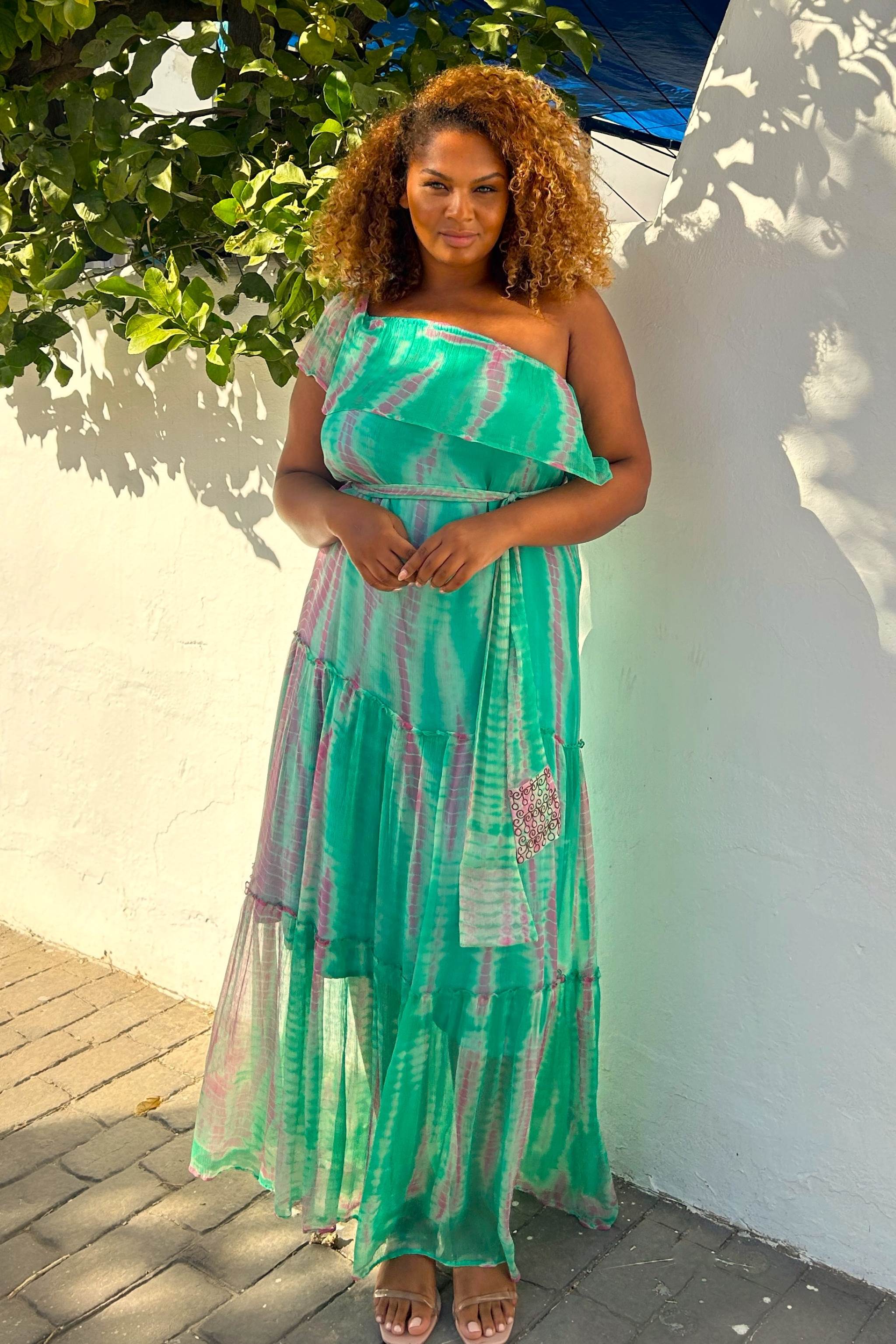 Aqua Silk holiday dress to wear on a Cruise by Lindsey Brown designer resort wear