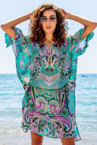Aqua and black silk beach cover up by Lindsey Brown resort wear