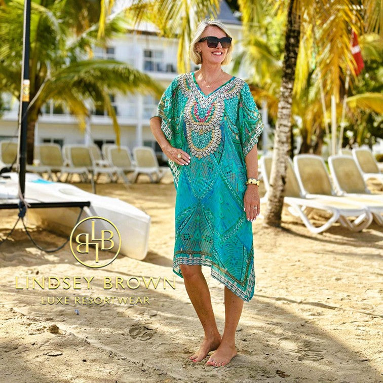 Aqua silk beach cover ups by Lindsey Brown resort wear