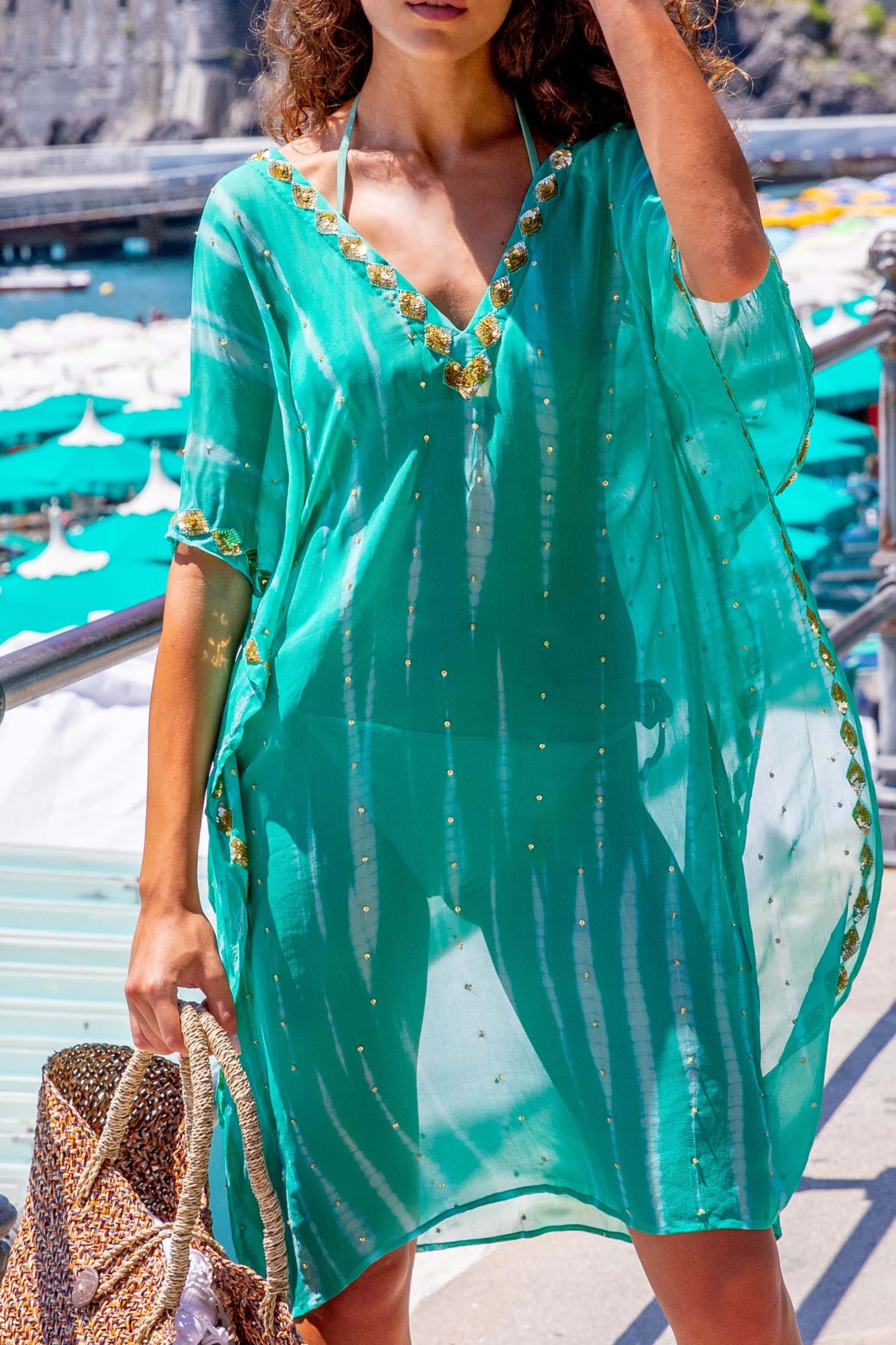 Aqua silk floaty beach coverups to wear on holiday to the beach by lindsey brown silk resort wear