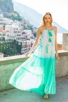 aqua white silk resort wear dresses to wear on a Caribbean Cruise by Lindsey Brown luxury resort wear