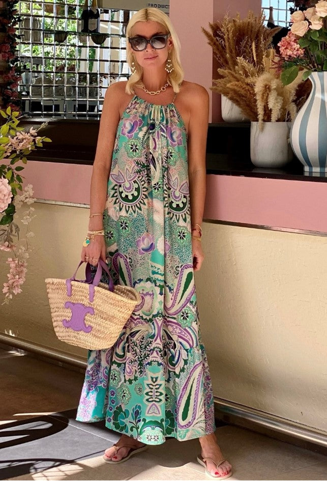 Aqua silk maxi dress to wear on holiday by Lindsey Brown luxury resort wear