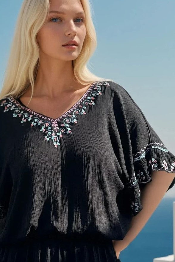 Black drop waisted cotton bloused beach dress to wear on holiday by Lindsey Brown resort wear