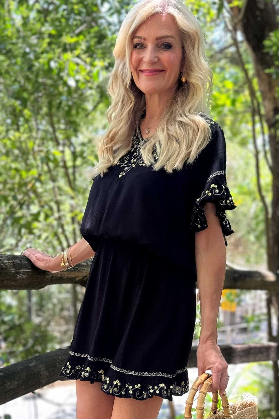 Black gold  blouson beach dress by Lindsey Brown resort wear