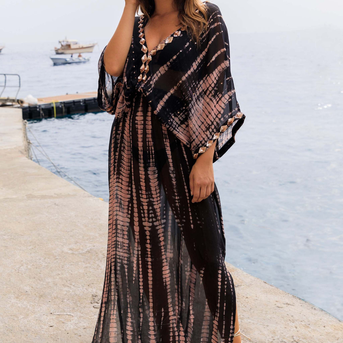 Vivo Keza Satin Border Maxi Kaftan - Brown / Mint Abstract Print