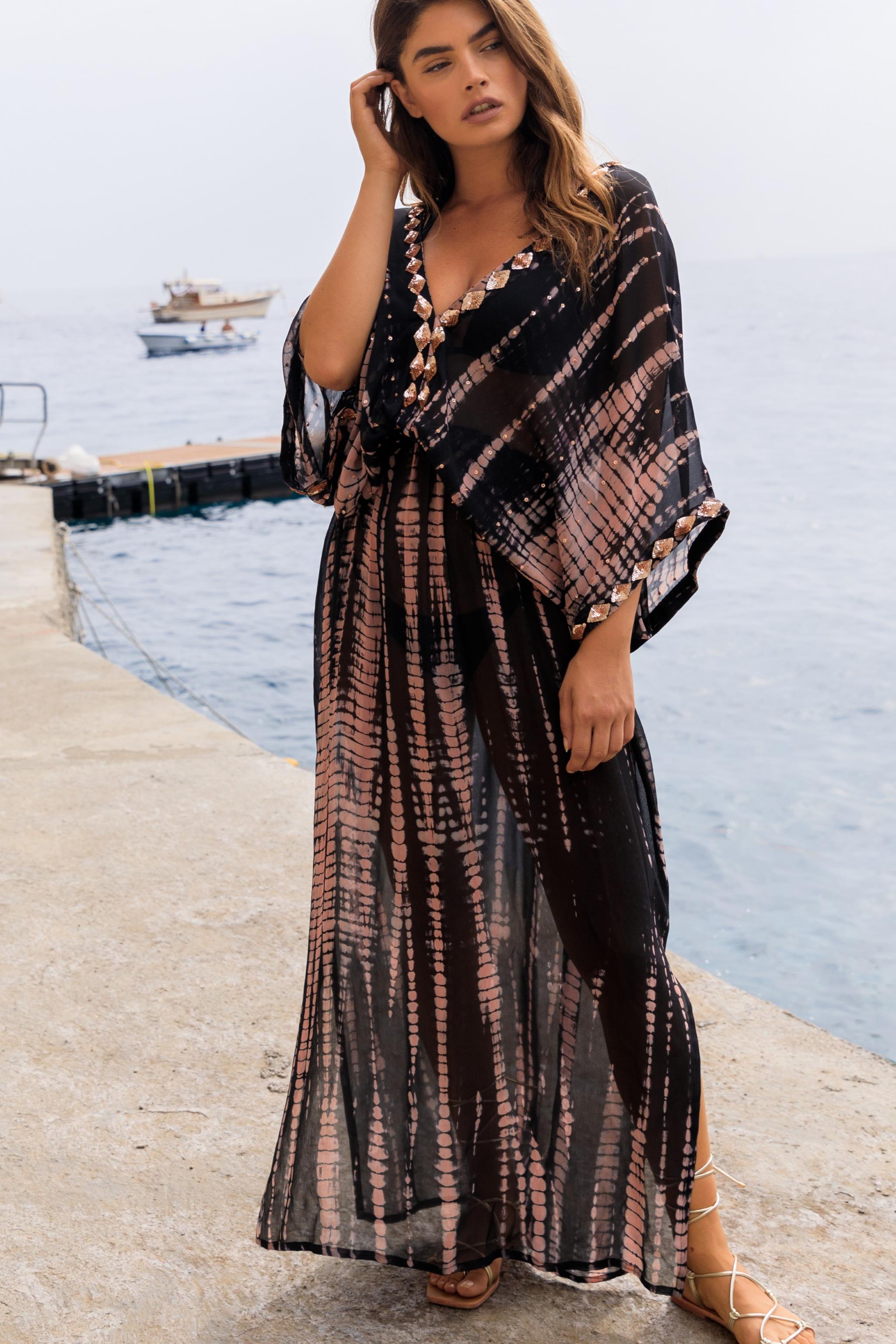 Black silk maxi kaftans by Lindsey Brown luxury resort wear