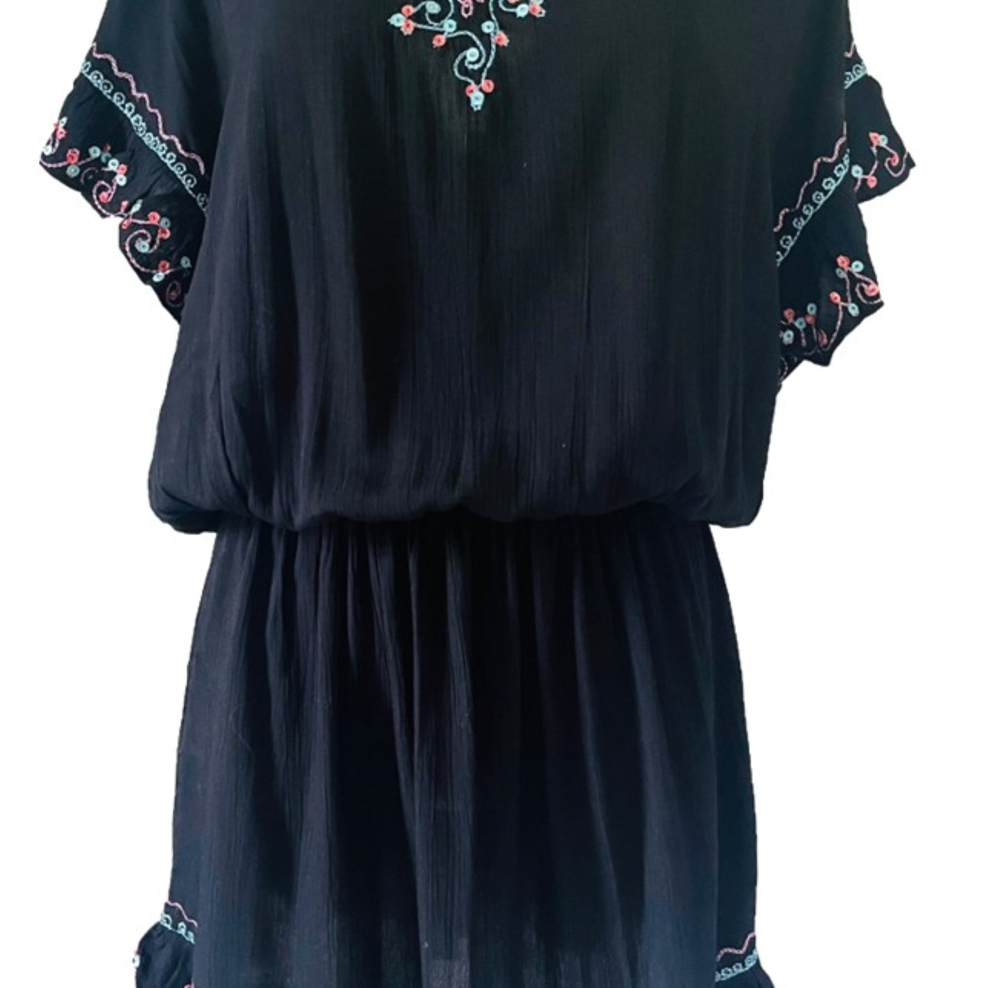 Black bloused cotton kaftan dress to wear on holiday by Lindsey Brown luxury resort wear 