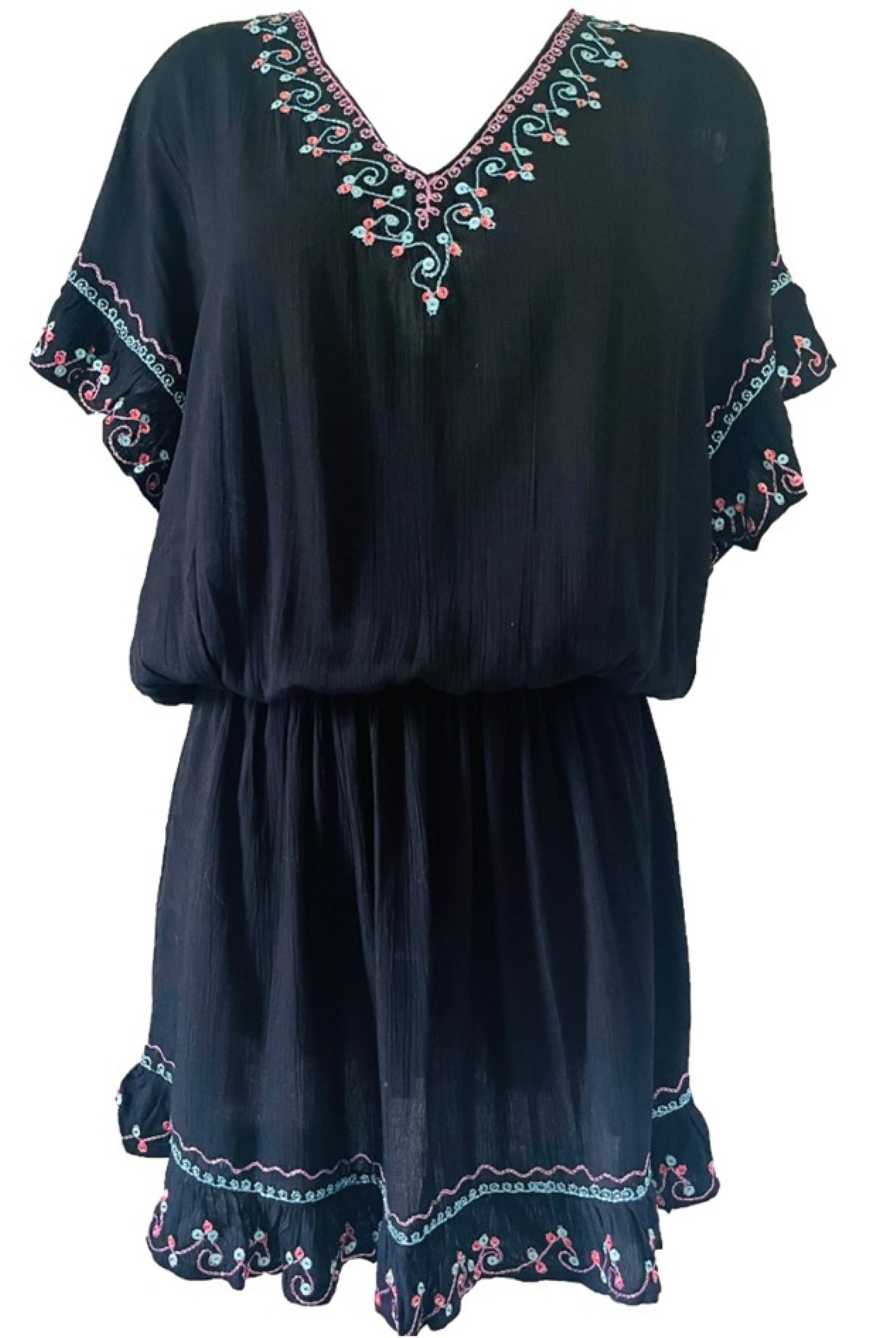 Black bloused cotton kaftan dress to wear on holiday by Lindsey Brown luxury resort wear 