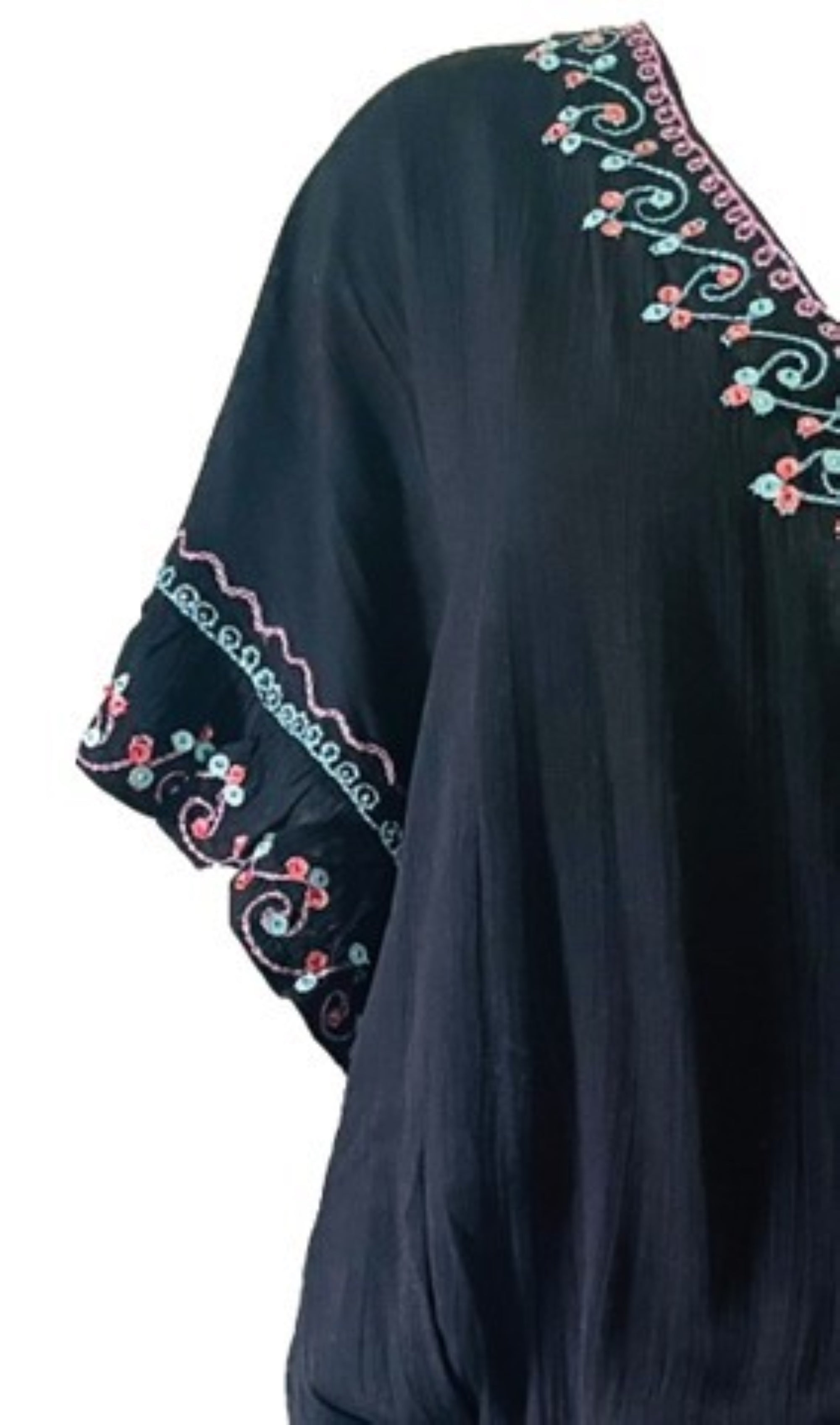 Black cotton kaftan dress to wear on holiday by Lindsey Brown 