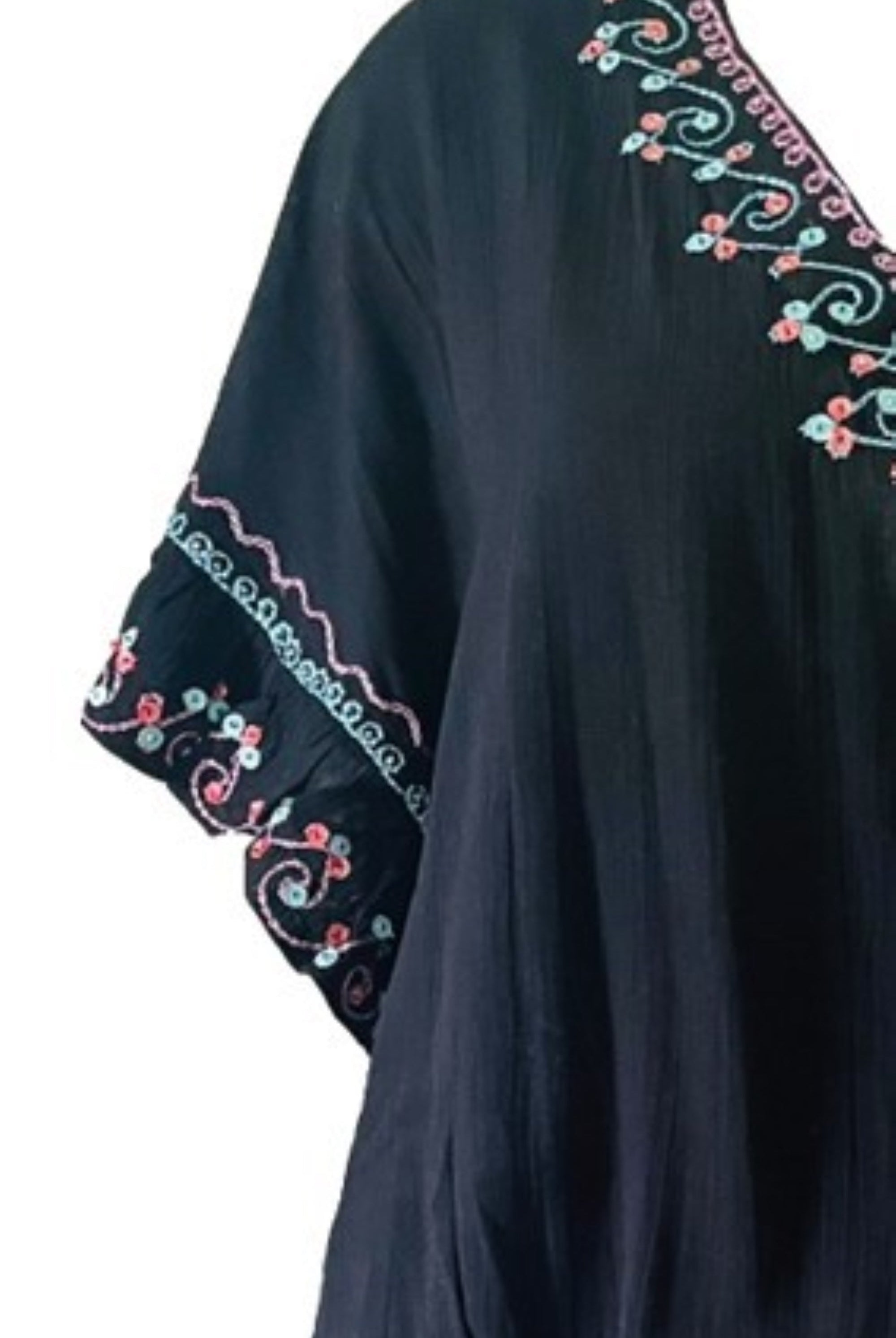 Black cotton kaftan dress to wear on holiday by Lindsey Brown 