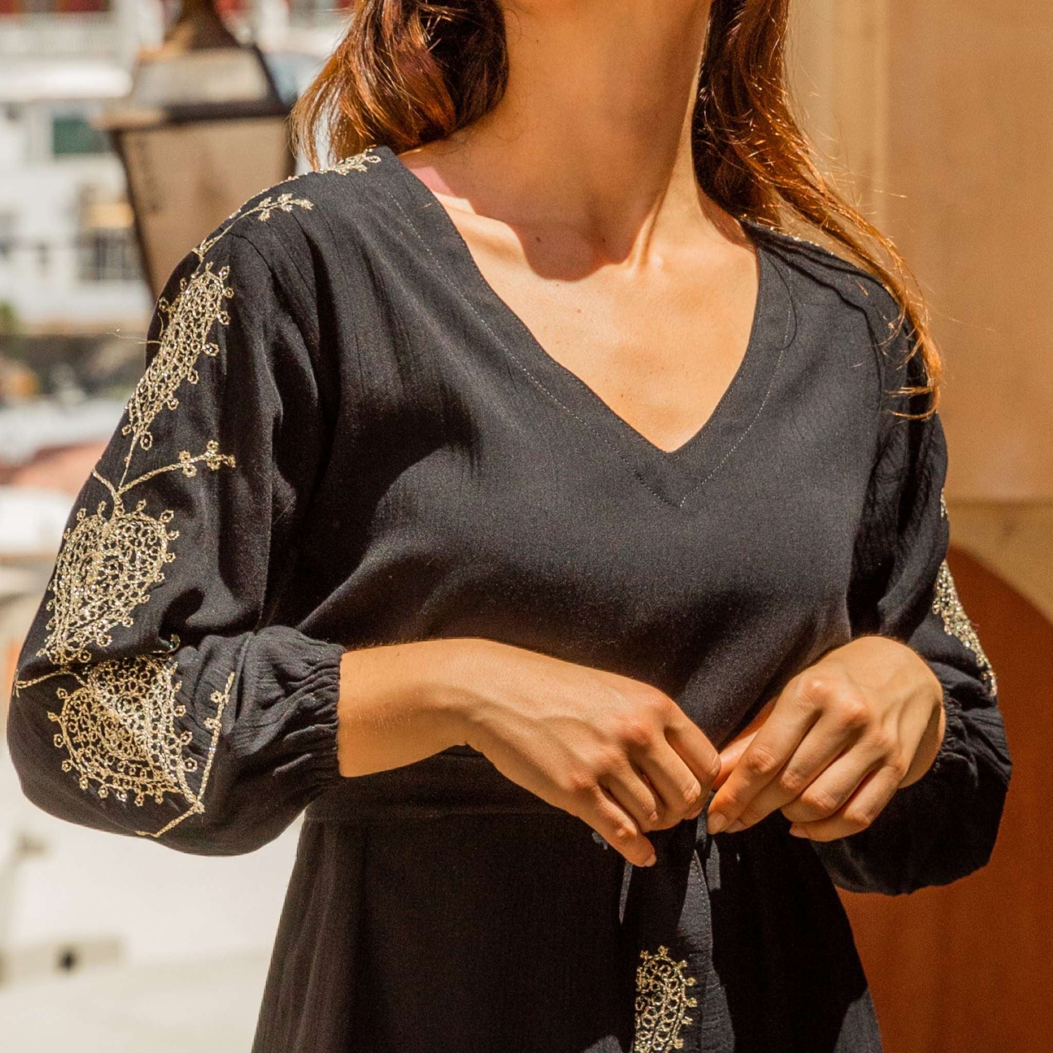 Black gold cotton beach dress to wear on holiday by Lindsey Brown resort wear