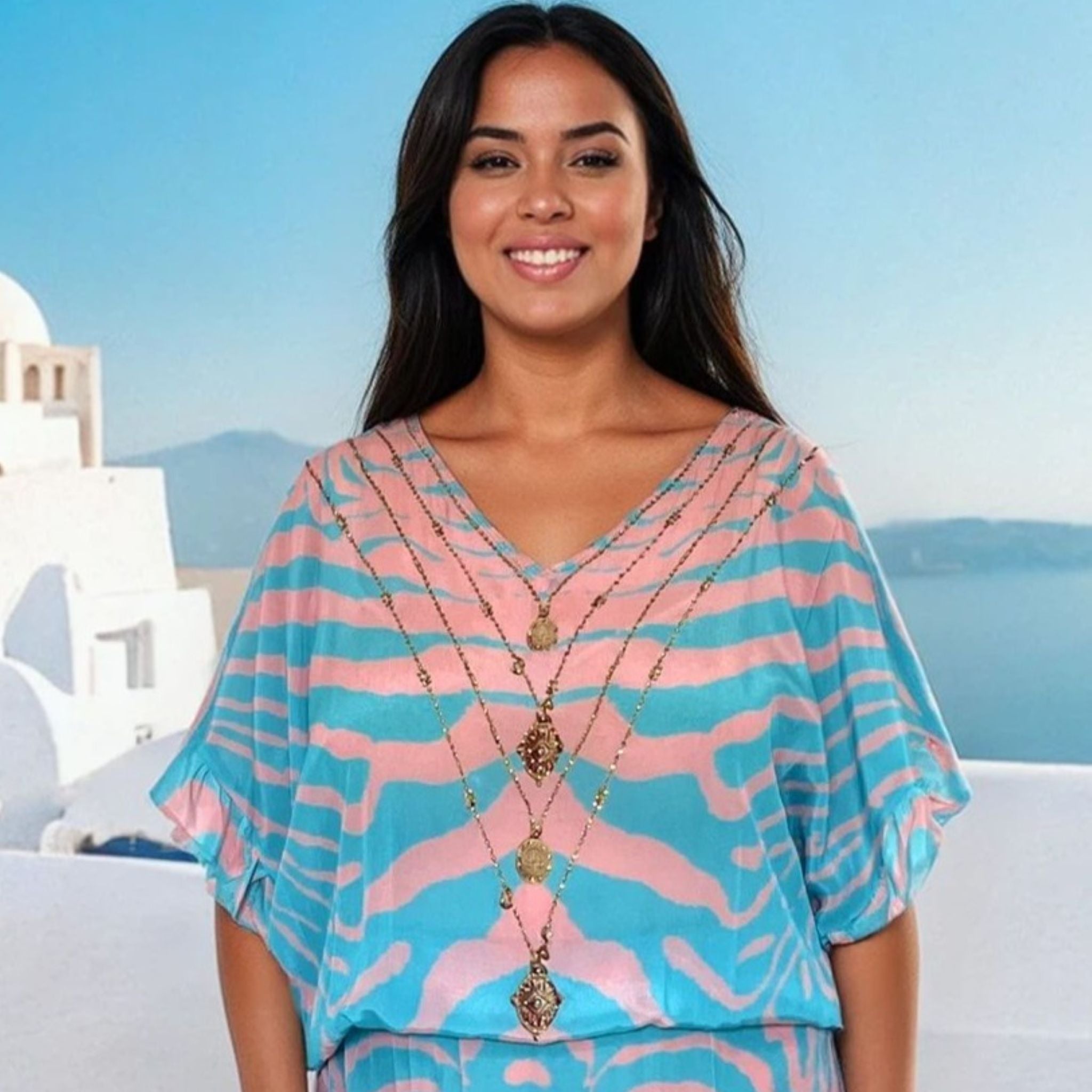 Blue and Pink silk beach coverup by Lindsey Brown luxury resort wear