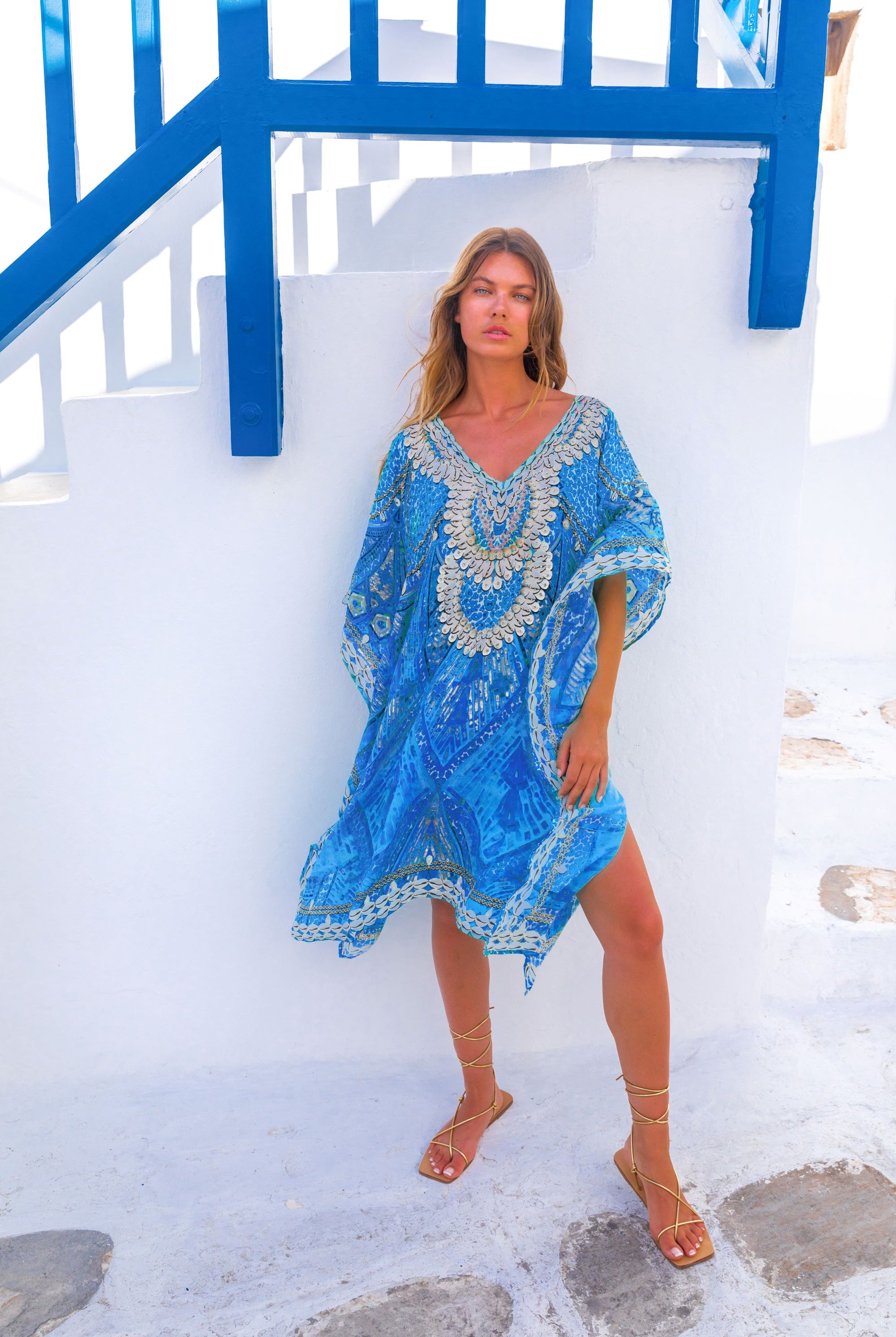 Blue silk  designer kaftans by Lindsey Brown resort wear to wear on a Caribbean Cruise holiday