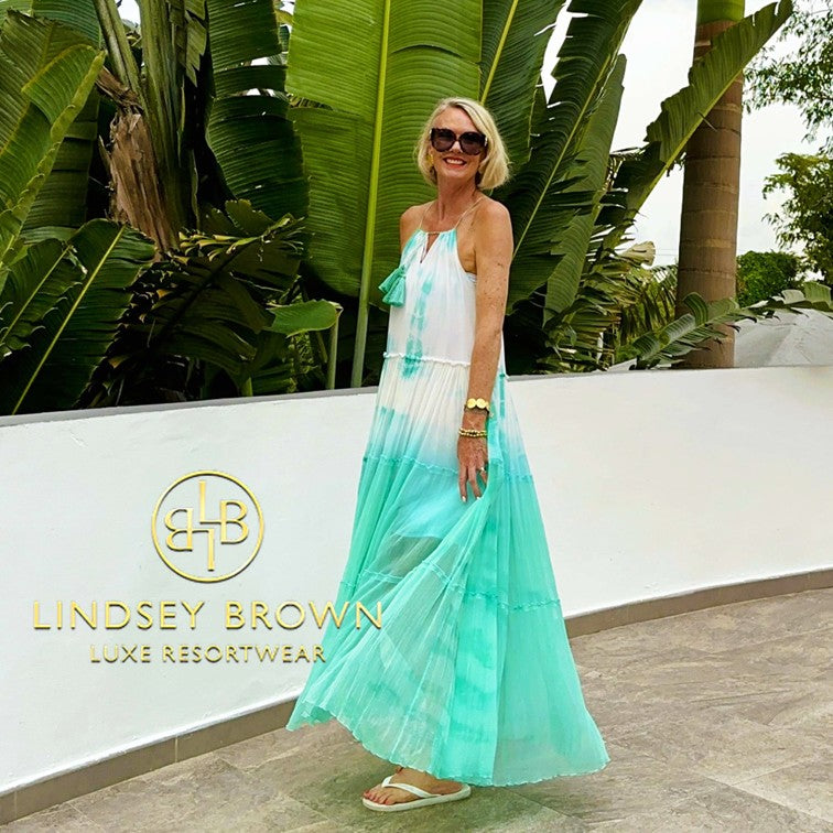 Aqua silk maxi dress to wear in Jamaica seen on Coral Manson designed by Lindsey Brown