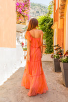 Coral Orange silk maxi dress one shoulder style to wear on holiday by Lindsey Brown resort wear