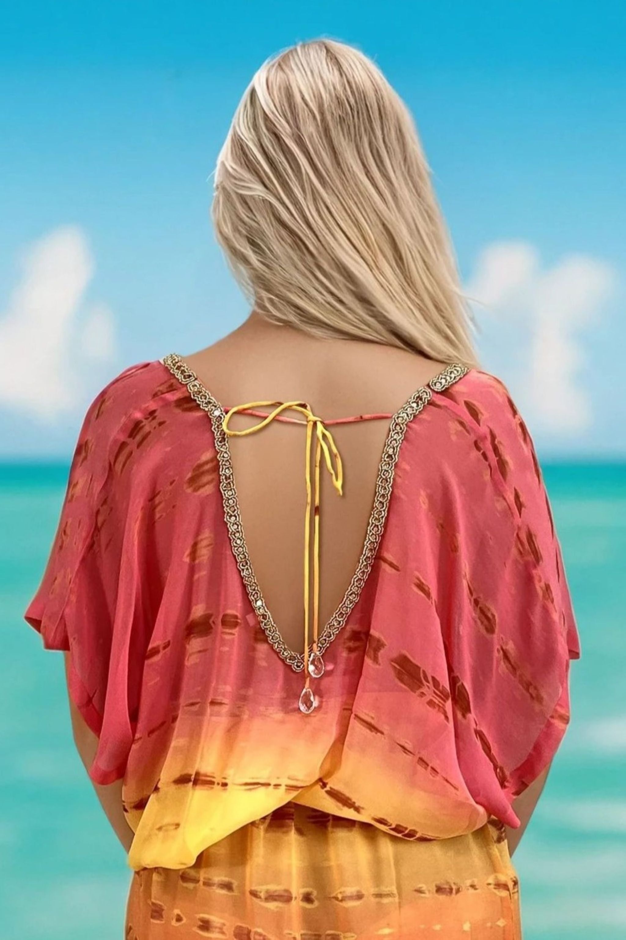 Coral and Yellow silk luxury kaftan by Lindsey Brown silk resort wear