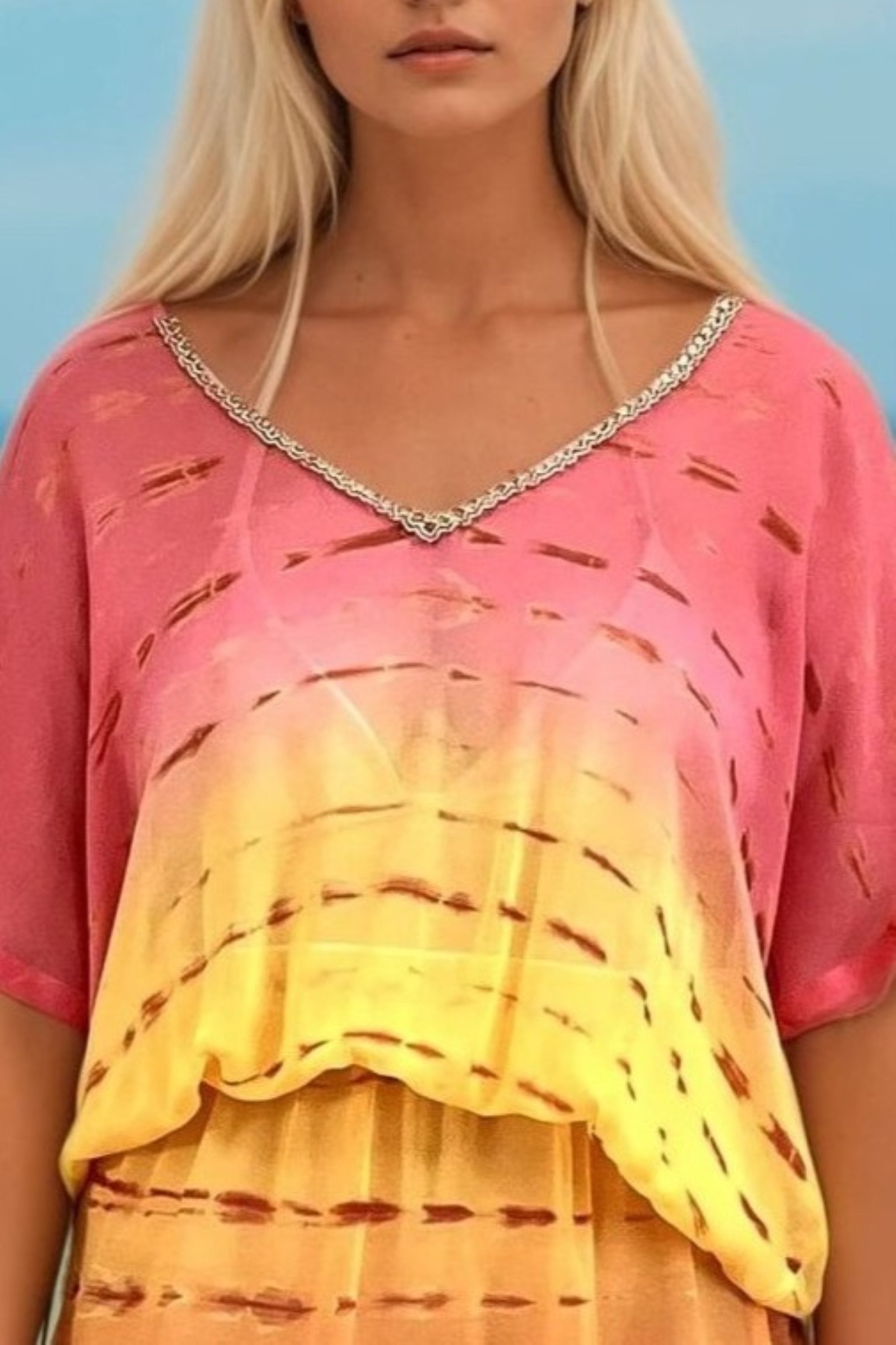 Coral yellow bloused silk kaftans by Lindsey Brown