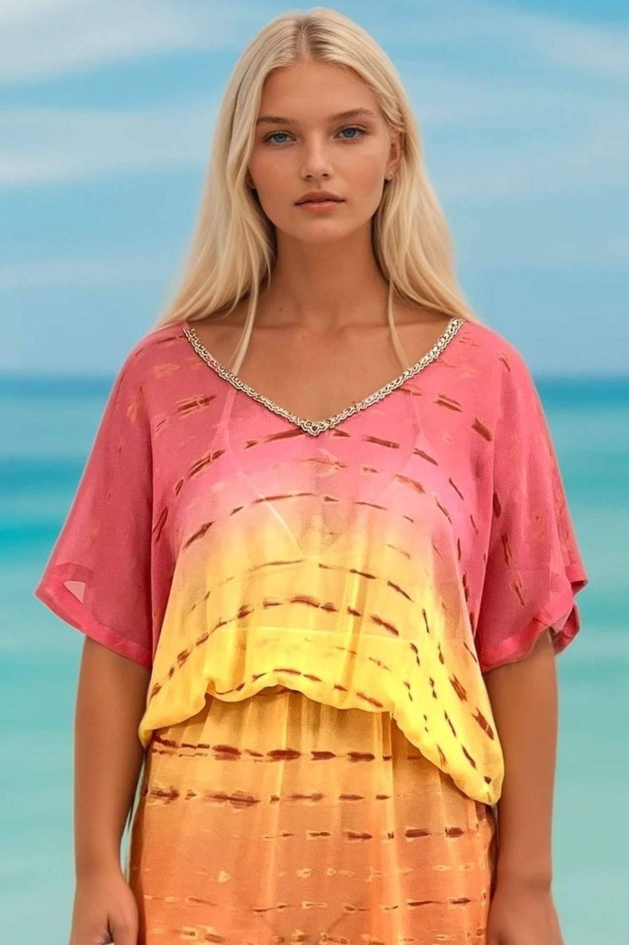 Coral yellow bloused silk kaftans by Lindsey Brown silk resort wear