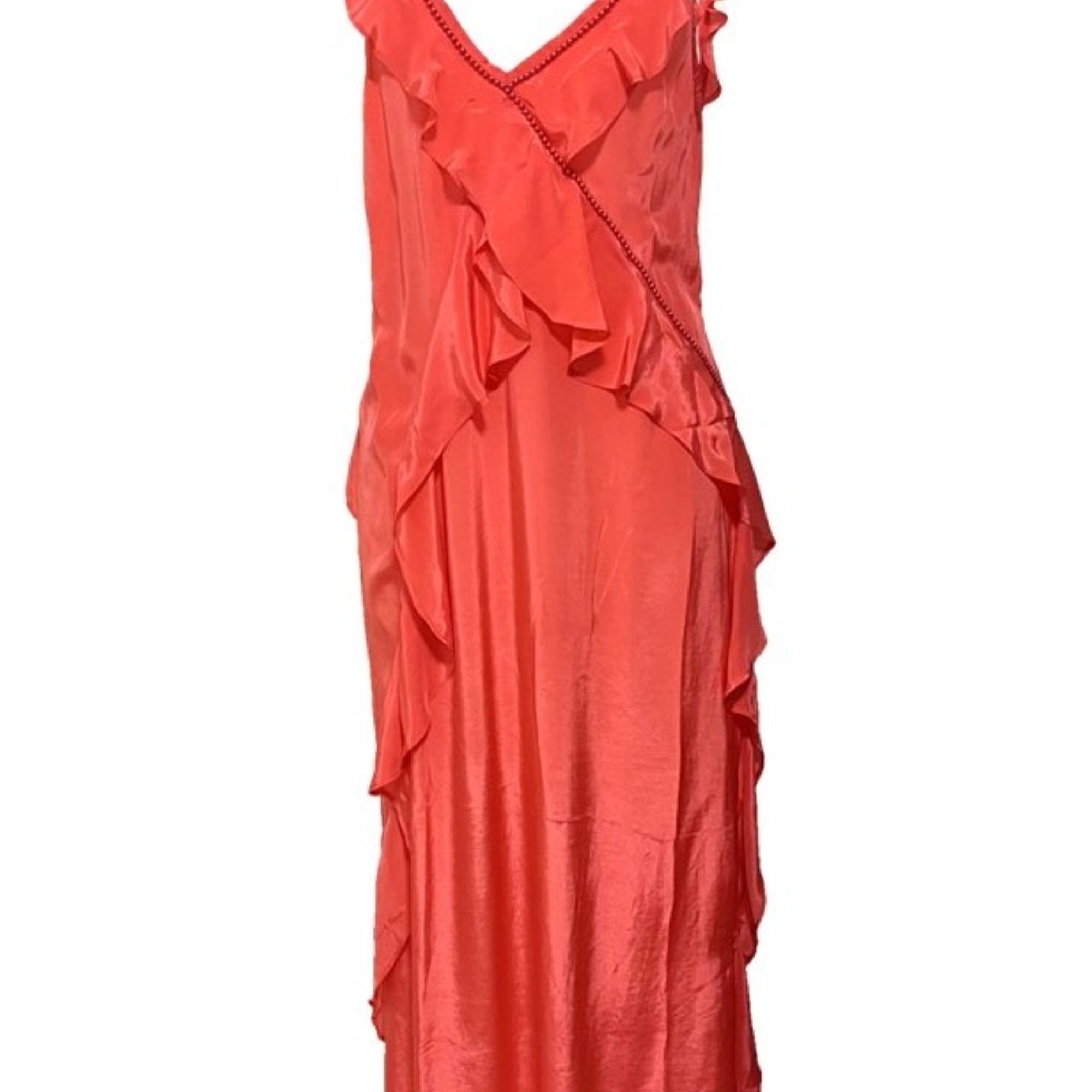 Coral silk ruffle tie shoulder silk maxi dress to wear on holiday by Lindsey Brown resort wear 