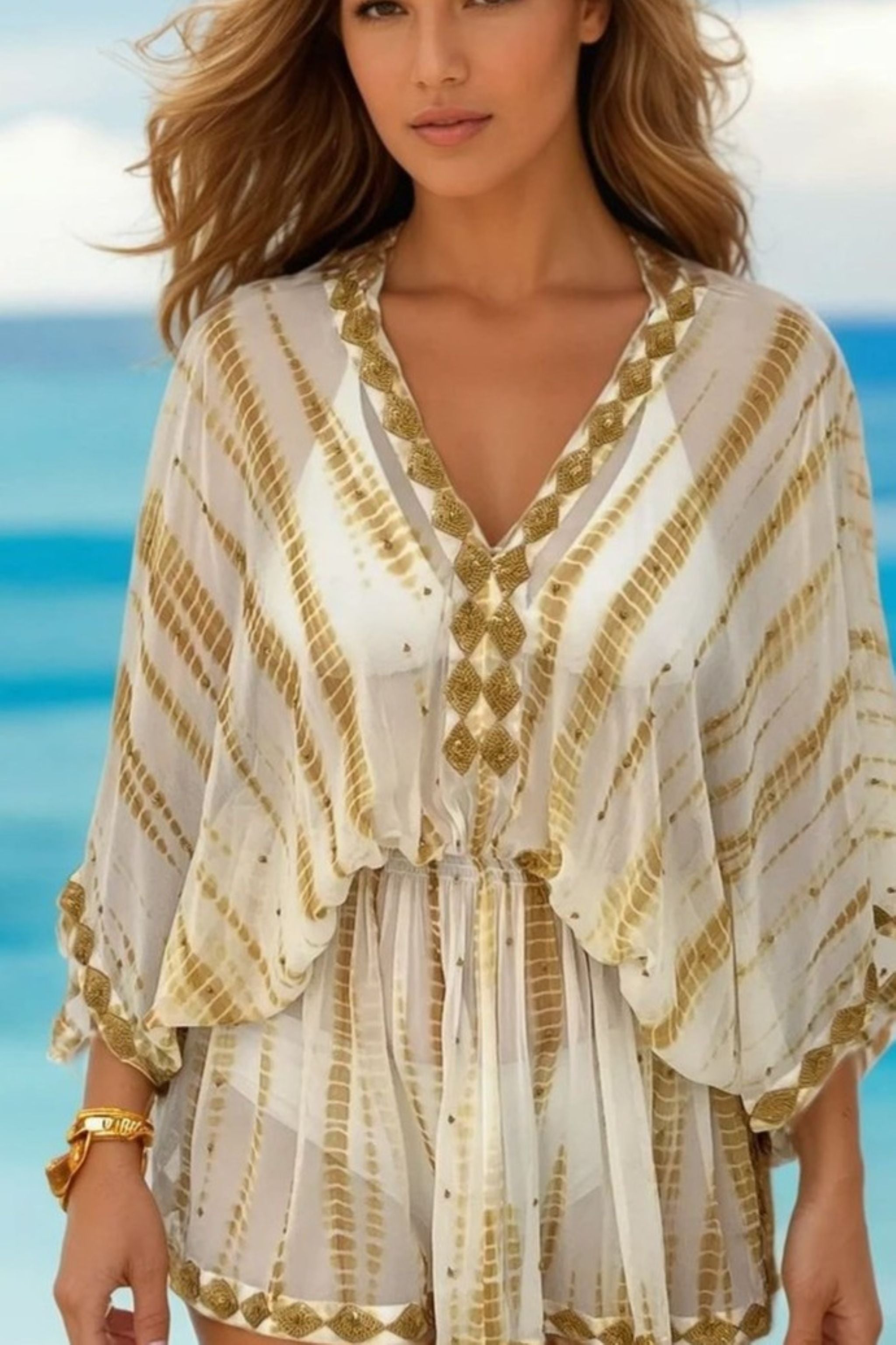 Ivory short silk kaftan by Lindsey Brown silk resort wear