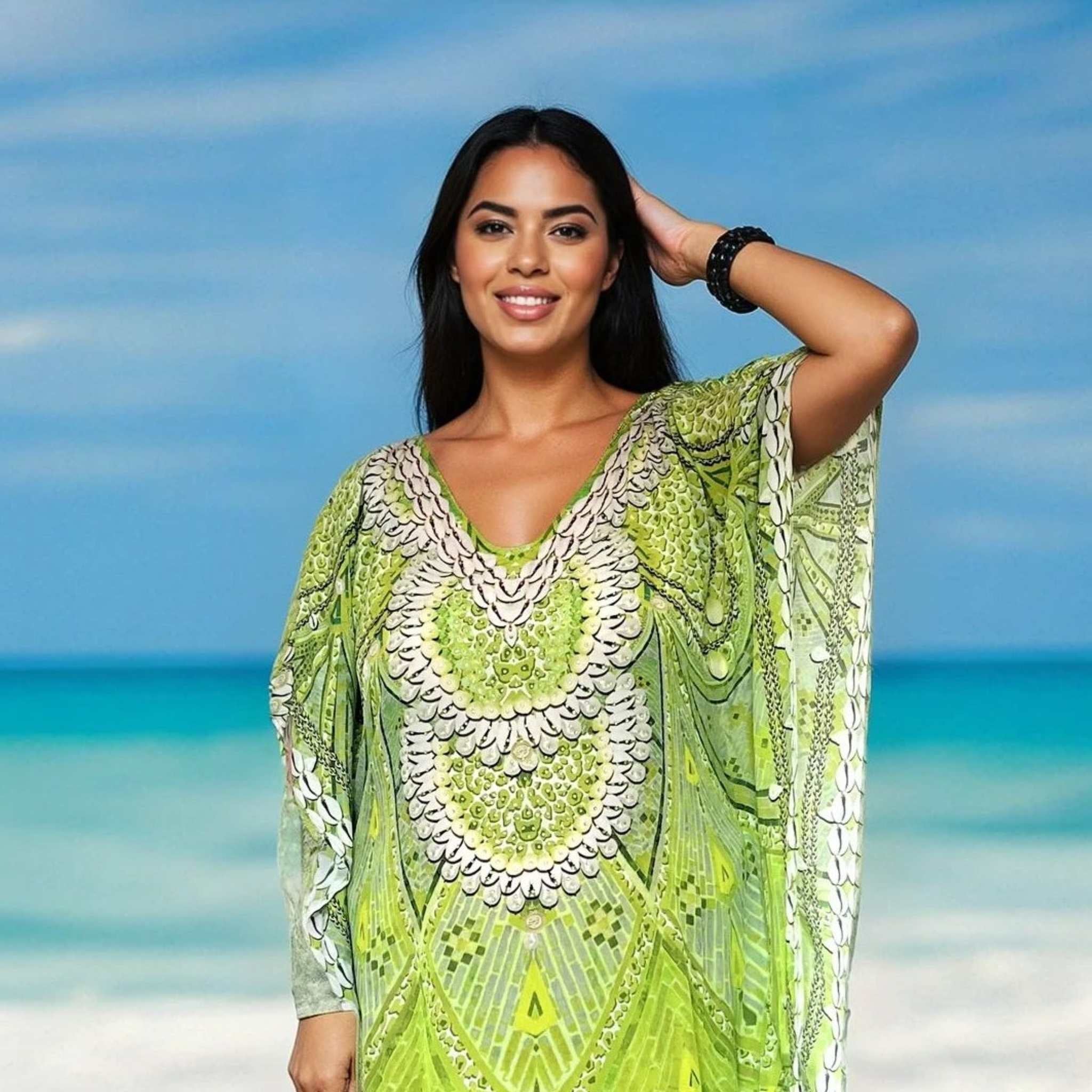 Lime green printed silk designer beach cover ups by Lindsey Brown resort wear