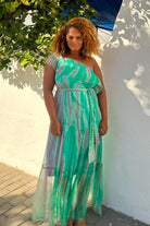 PLus Size aqua silk holiday dress by Lindsey Brown resort wear