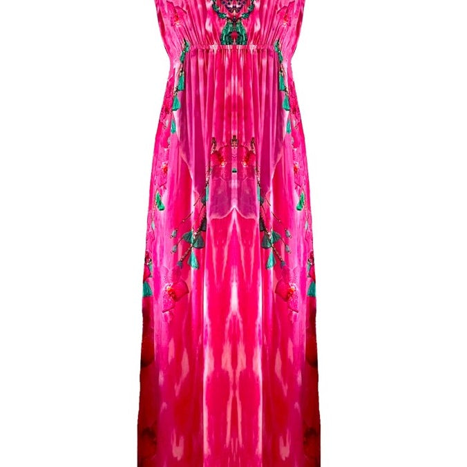 Pink Fushcia printed silk crepe maxi dress to wear on holiday by Lindsey Brown luxury resort wear 