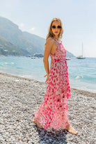 Pink silk animal print maxi dress to wear on a Caribbean holiday by Lindsey Brown resort wear