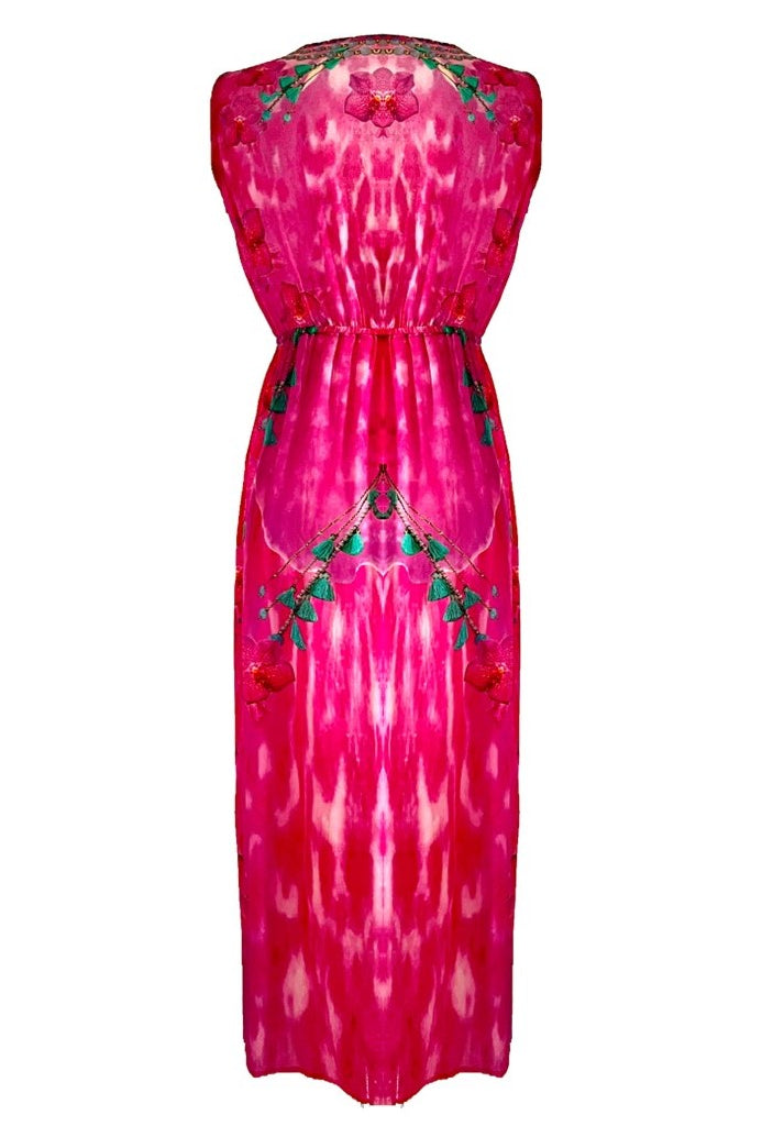Pink Fushcia printed silk crepe maxi dress to wear on holiday by Lindsey Brown luxury resort wear 