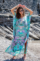 Plus size aqua turquoise silk maxi length beach cover-ups by Lindsey Brown resort wear