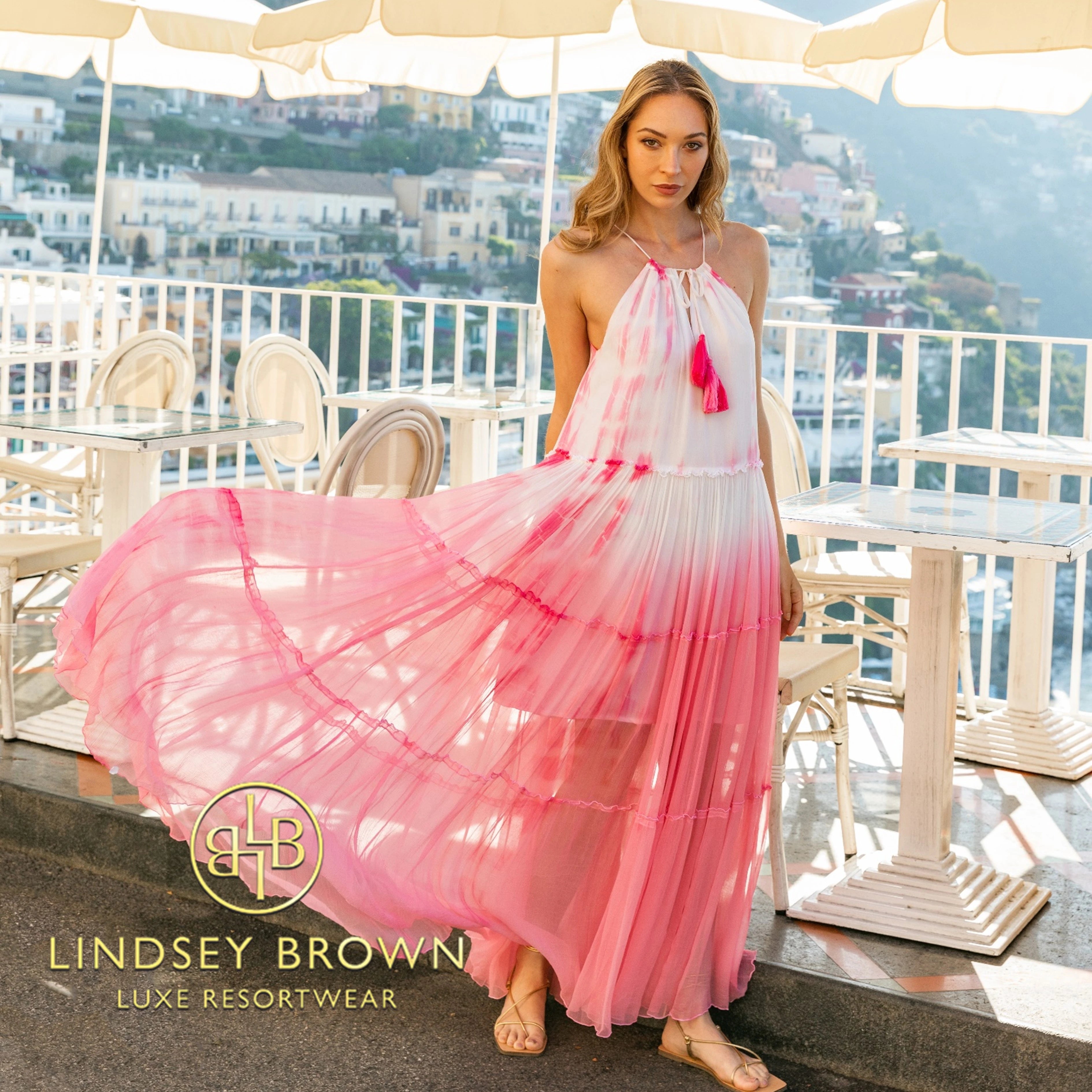 pink silk maxi dresses to wear on holiday by Lindsey Brown silk resort wear