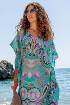 Silk maxi length beach cover ups  in aqua silk by Lindsey Brown resort wear