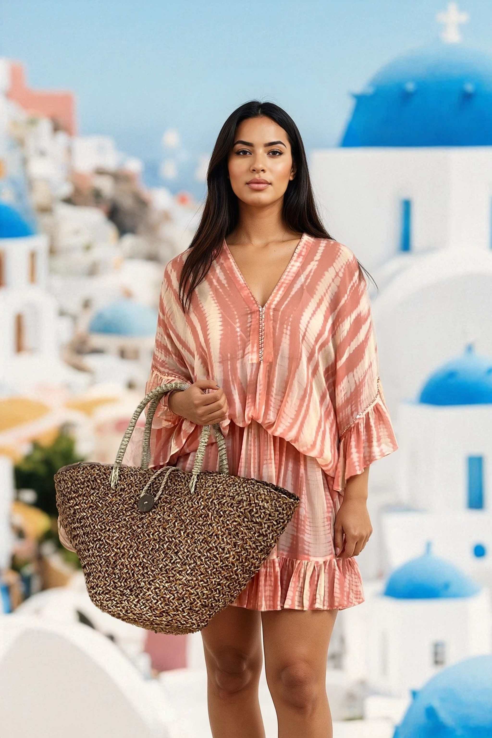 blush silk and ivory tie dye silk kaftan dresses to wear on vacation by Lindsey Brown