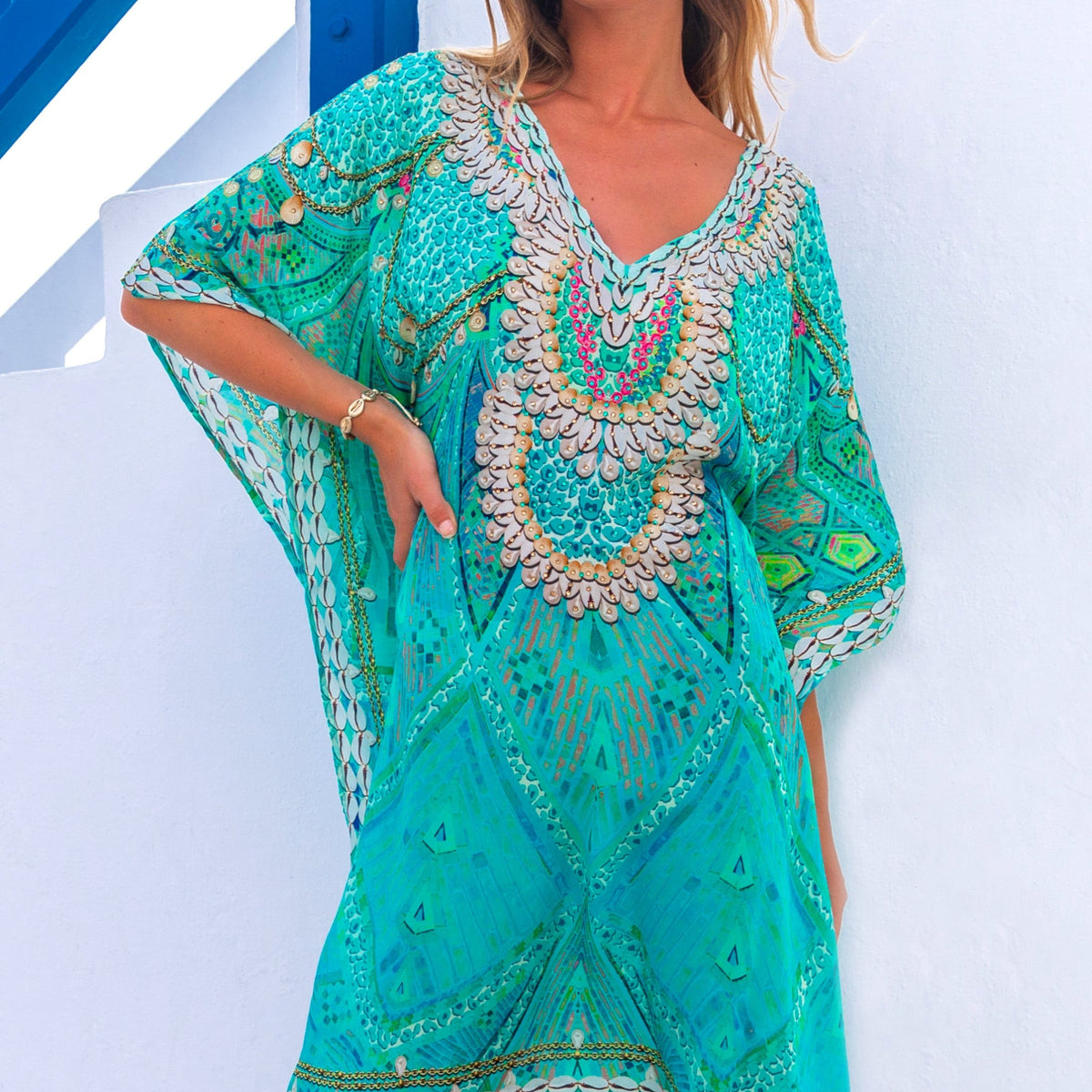 Aqua sparkly silk designer beach cover ups – Lindsey Brown