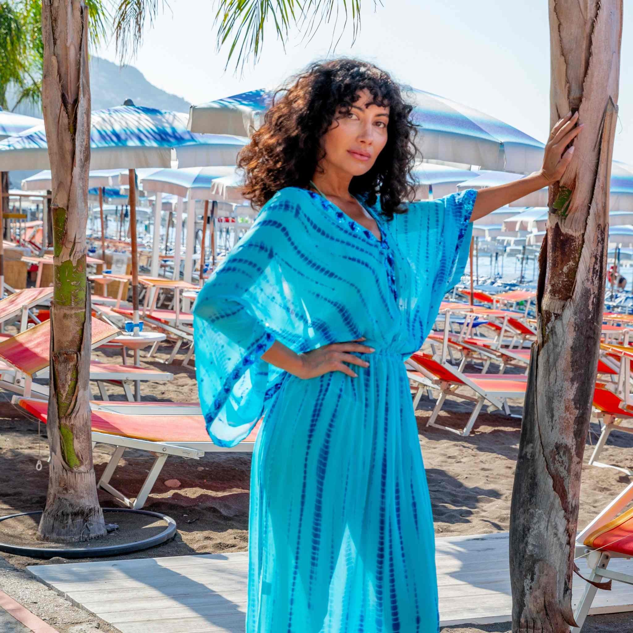 Turquoise Blue Silk Maxi Kaftan by Lindsey Brown luxury resort wear