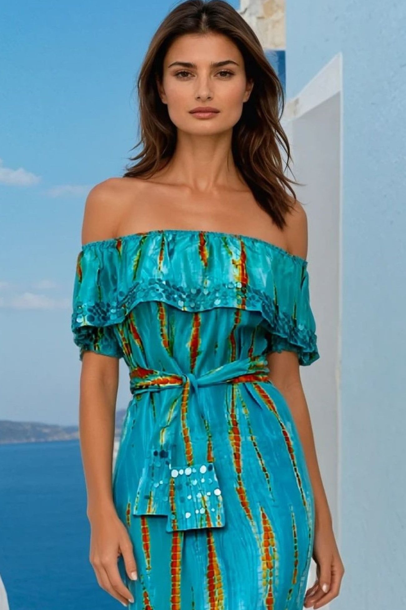 Turquoise bardot top silk and orange lined maxi dress to wear on holiday by Lindsey Brown resort wear