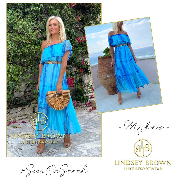 Turquoise blue silk maxi kaftan dress by Lindsey Brown luxury resort wear