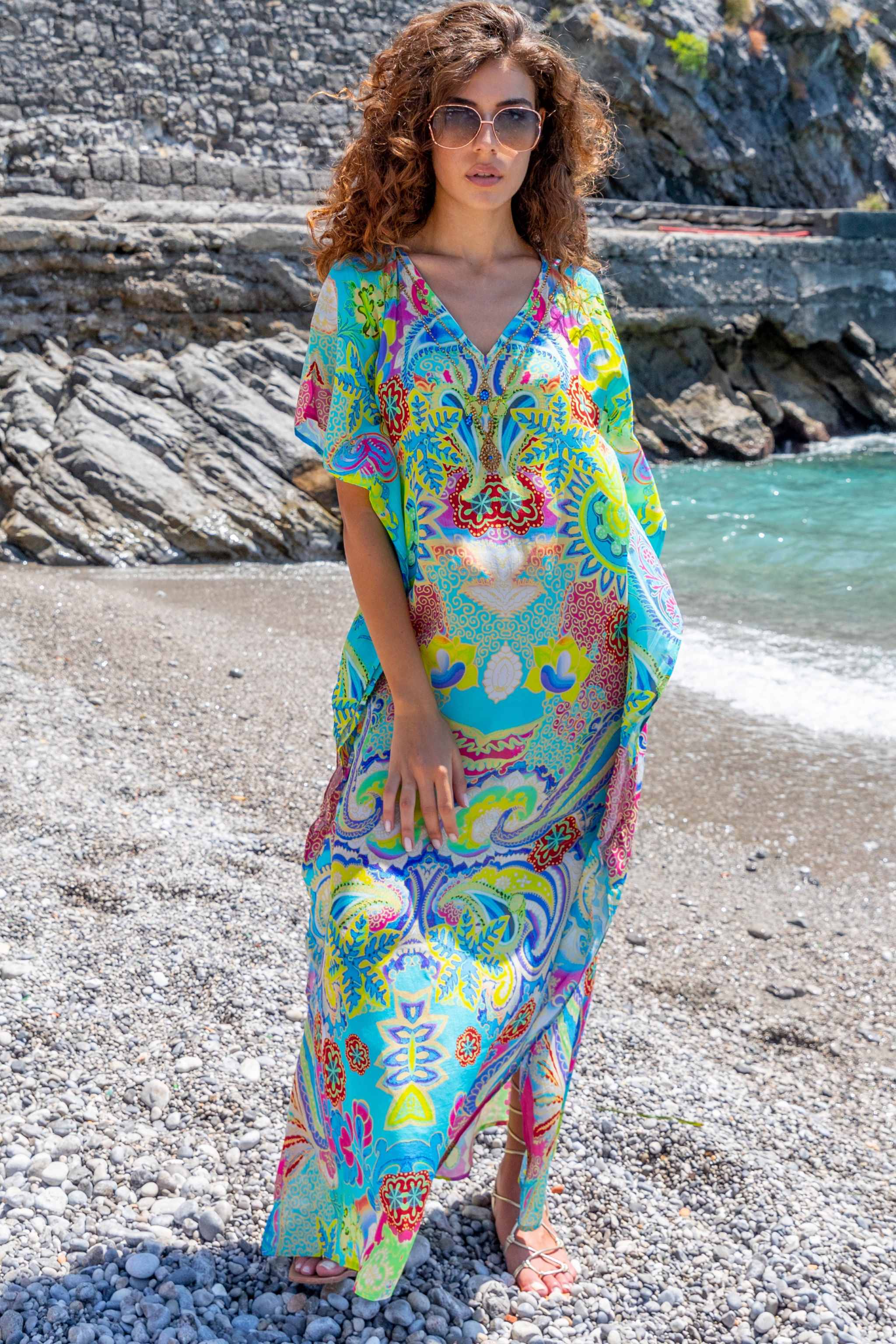 Turquoise silk maxi length beach cover ups by Lindsey Brown resort wear