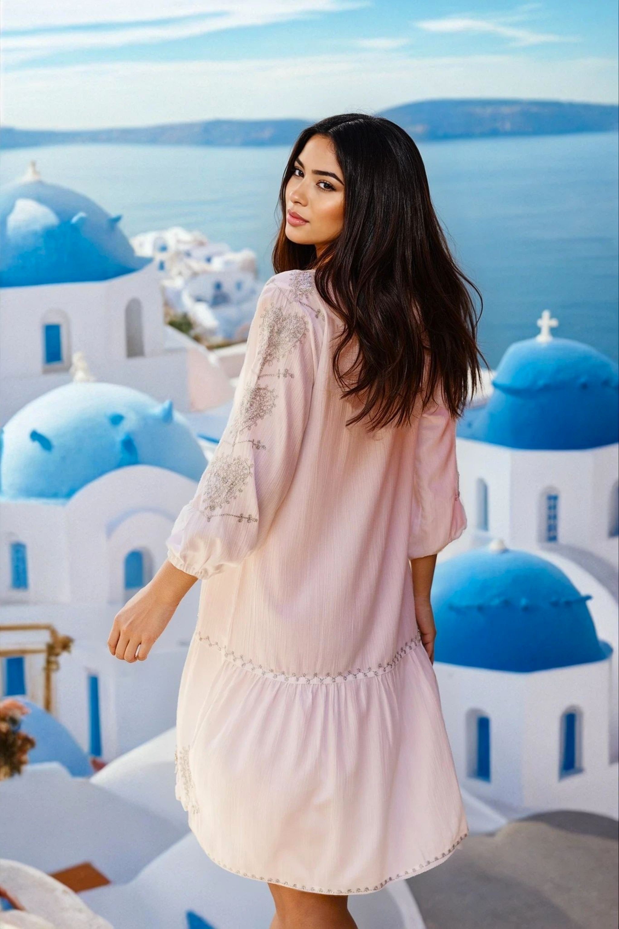 White silver cotton kaftan dress to wear on holiday by Lindsey Brown resort wear