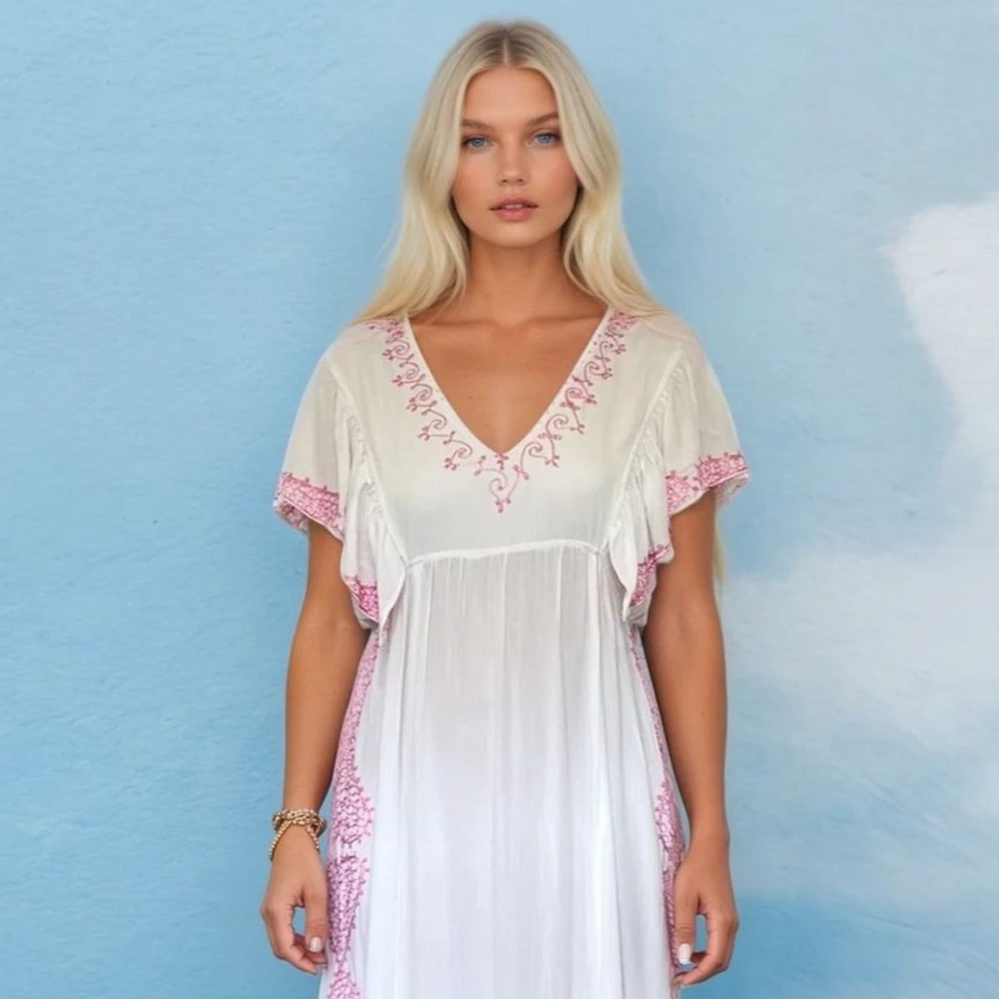 White pink cotton maxi dresses by Lindsey Brown resort wear